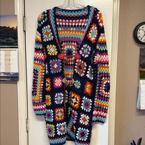 Multicolor Crochet Cardigan Sweater - Navy Base